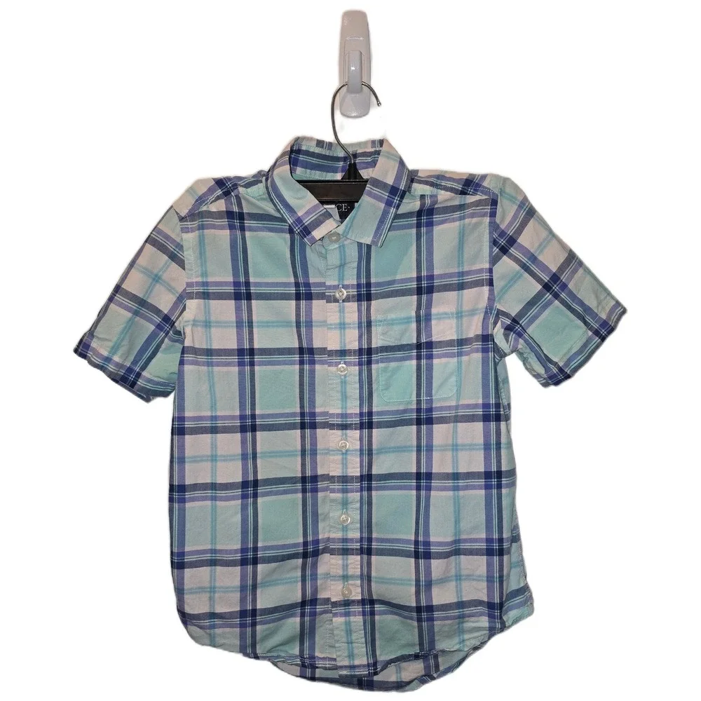 The Childrens Place Boys Teal Blue Plaid Short Sleeve Button Down Shirt Size 7/8